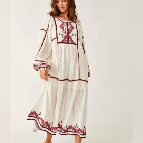 Free People Dresses & Skirts - Free People Cream Midi Dress with Red Embroidery